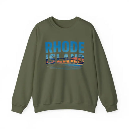 Olive green Rhode Island Sunset Crewneck Sweatshirt for unisex fashion