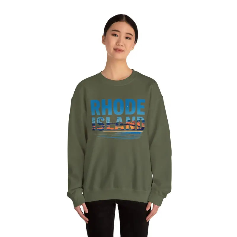 Olive green Rhode Island Sunset Crewneck Sweatshirt Unisex Heavy Blend displayed