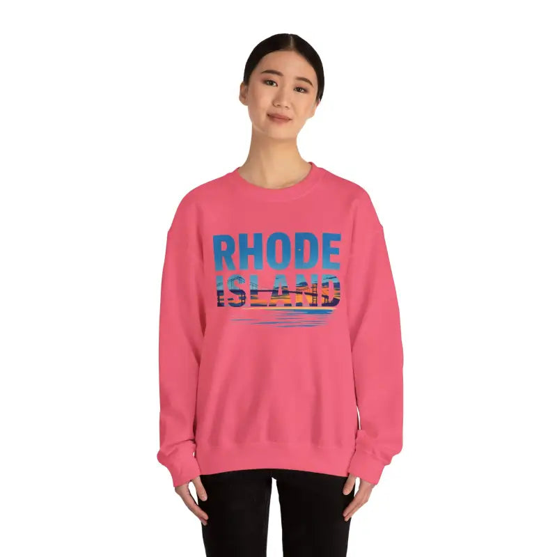Pink sweatshirt featuring Rhode Island design from the Rhode Island Sunset Crewneck collection