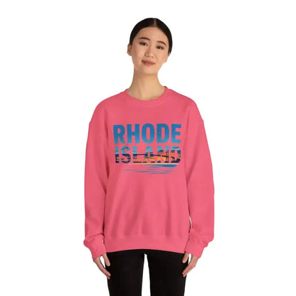 Pink sweatshirt featuring Rhode Island design from the Rhode Island Sunset Crewneck collection