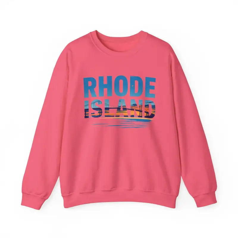 Pink Rhode Island Sunset Crewneck Sweatshirt Unisex Heavy Blend displayed on model