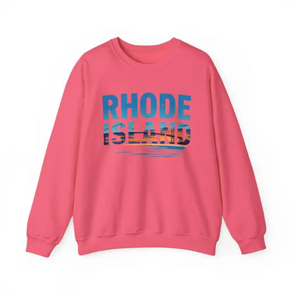 Pink Rhode Island Sunset Crewneck Sweatshirt Unisex Heavy Blend displayed on model