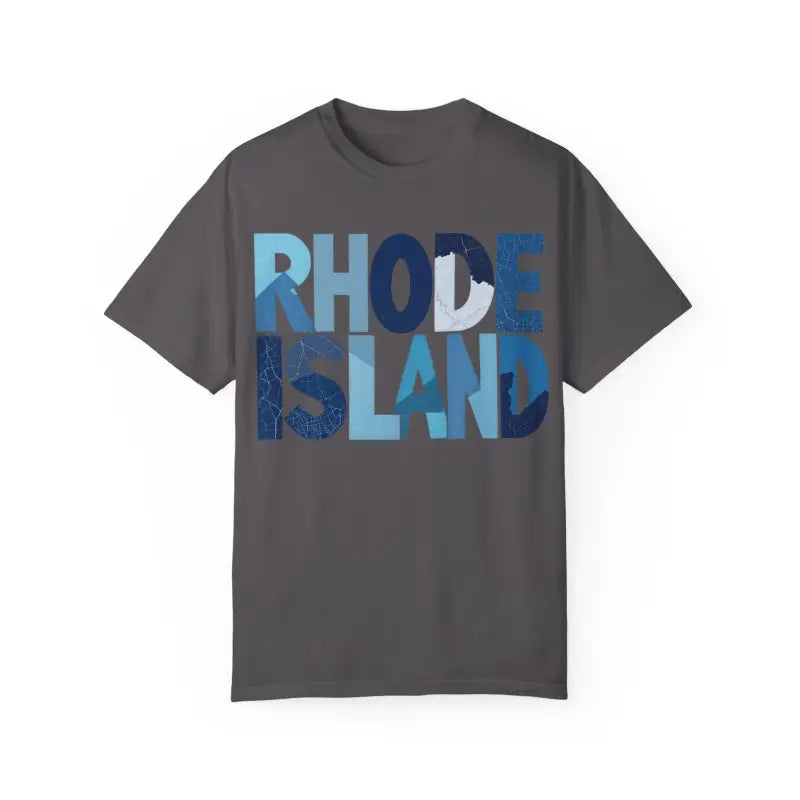 Gray Rhode Island Unisex Garment Dyed Summer T Shirt with text design
