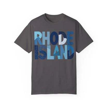 Gray Rhode Island Unisex Garment Dyed Summer T Shirt with text design