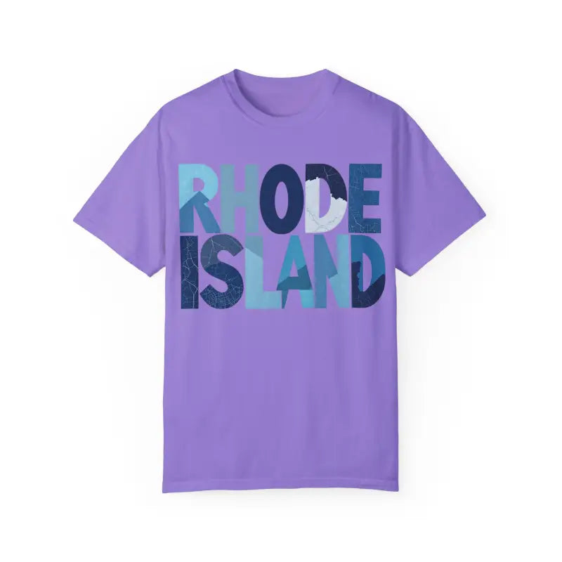 Purple Rhode Island unisex garment dyed summer t-shirt with text design