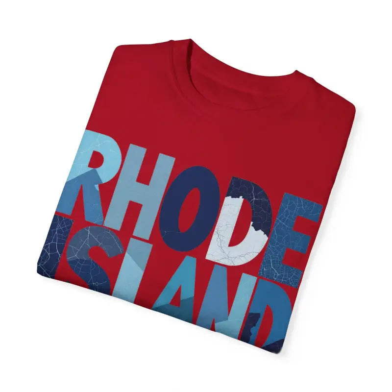 Red Rhode Island unisex garment dyed summer t-shirt displayed on a neutral background