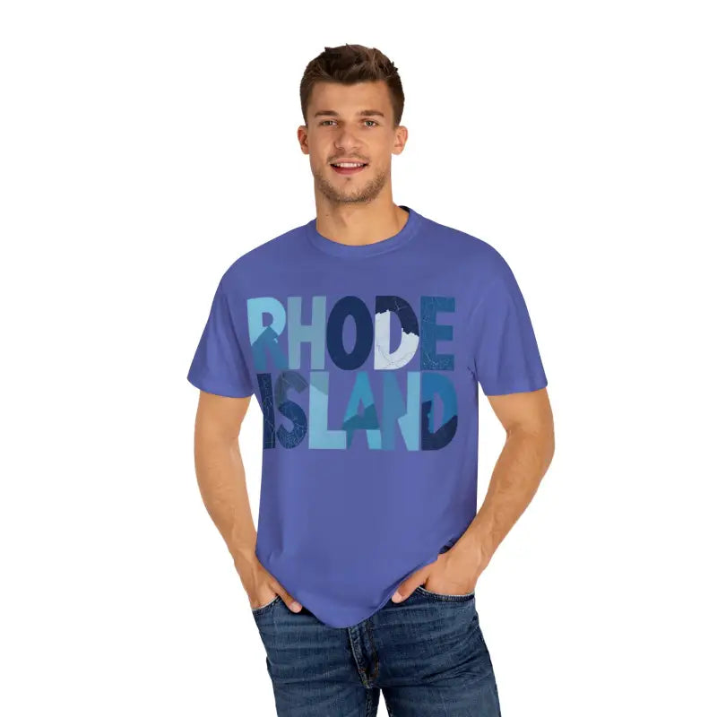 Blue Rhode Island Unisex Garment Dyed Summer T Shirt displayed on a neutral background