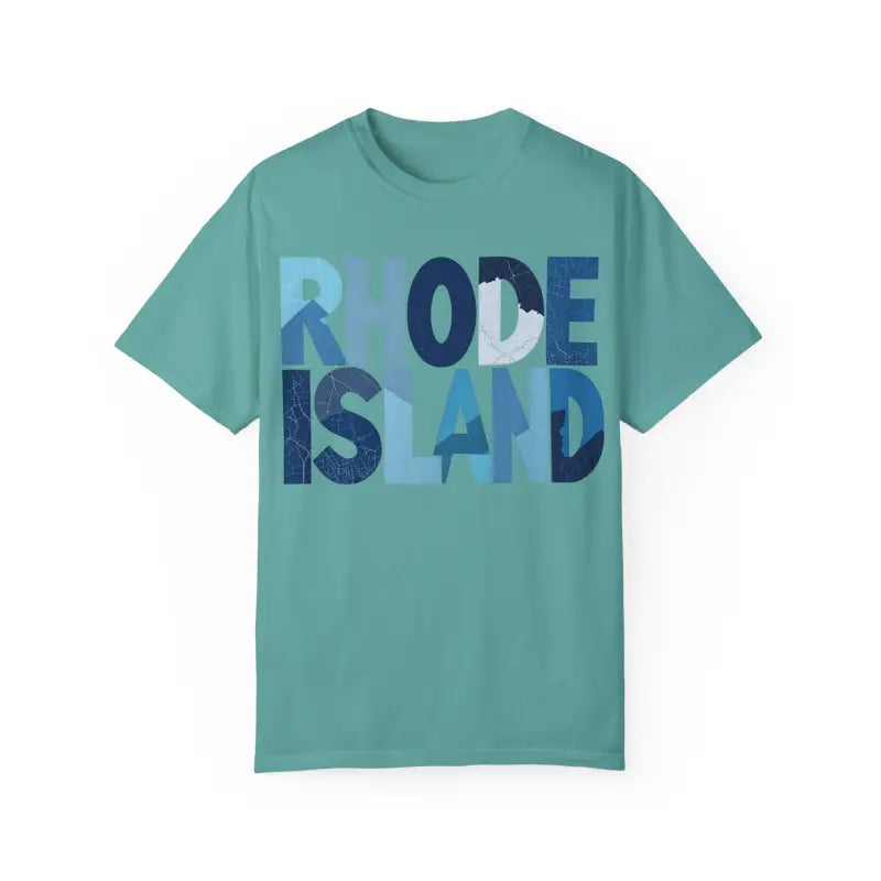Teal Rhode Island unisex garment dyed summer t-shirt showcasing vibrant design