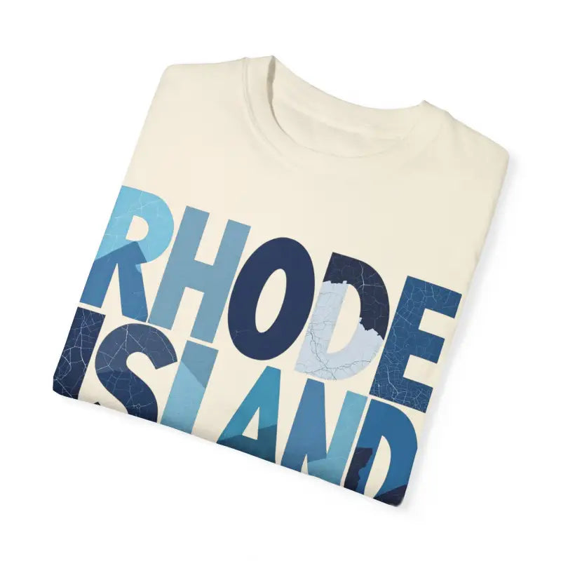 Folded Rhode Island Unisex Garment Dyed Summer T Shirt with bold text design
