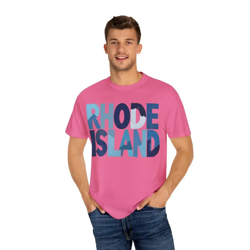 Pink Rhode Island Unisex Garment Dyed Summer T Shirt displayed on a neutral background