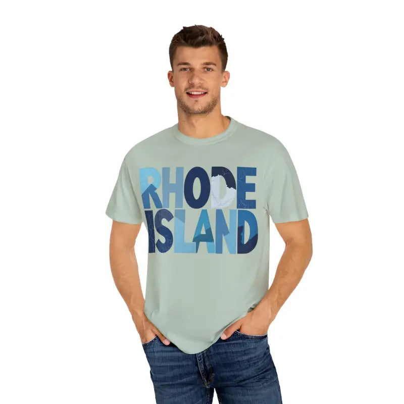 Rhode Island Unisex Garment Dyed Summer T Shirt displayed on a neutral background