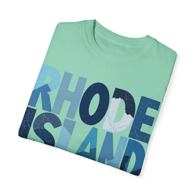 Folded mint green Rhode Island Unisex Garment Dyed Summer T Shirt displayed for sale