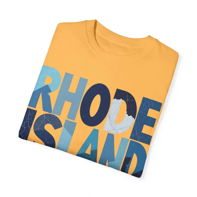 Folded yellow t-shirt featuring Rhode Island text from the Unisex Garment Dyed Summer T Shirt