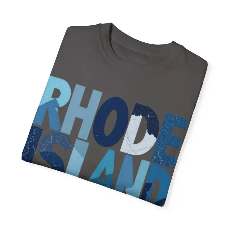 Folded gray Rhode Island Unisex Garment Dyed Summer T-Shirt on a neutral background