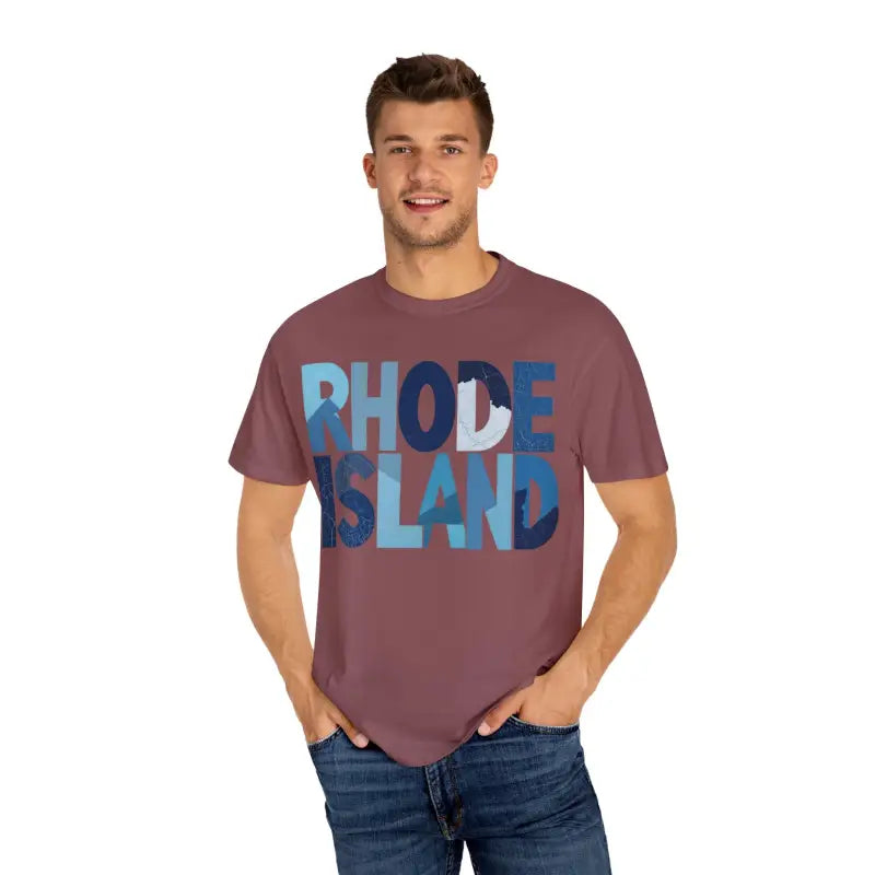 Maroon Rhode Island unisex garment dyed summer t-shirt displayed on a neutral background