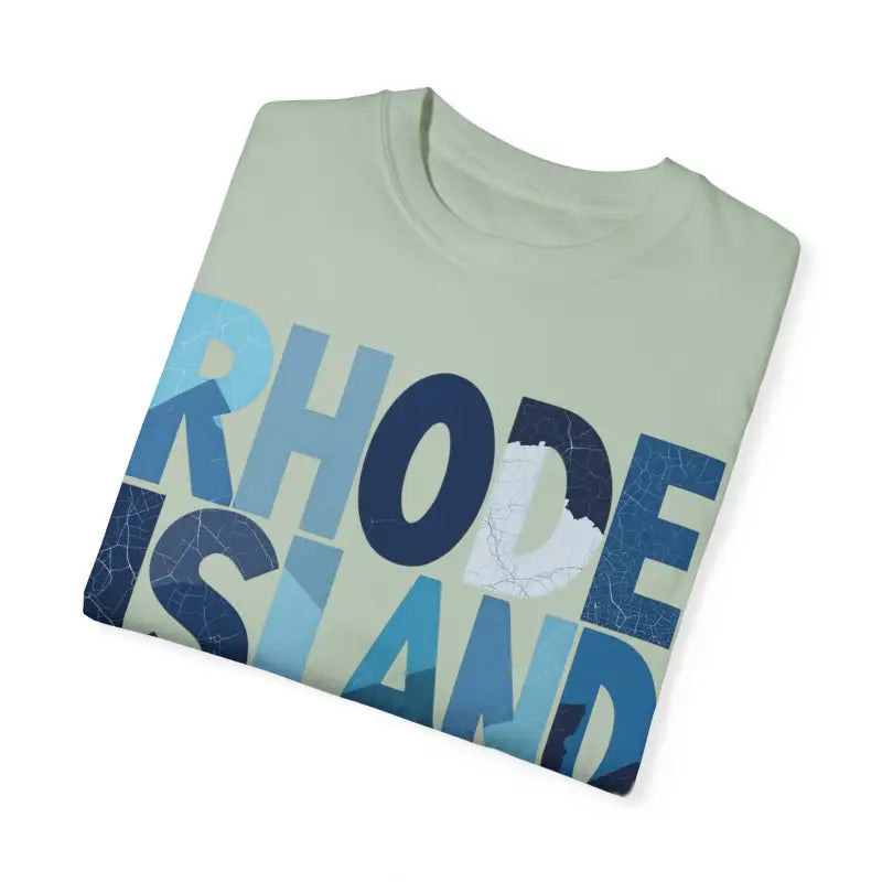 Folded Rhode Island Unisex Garment Dyed Summer T Shirt displaying vibrant colors