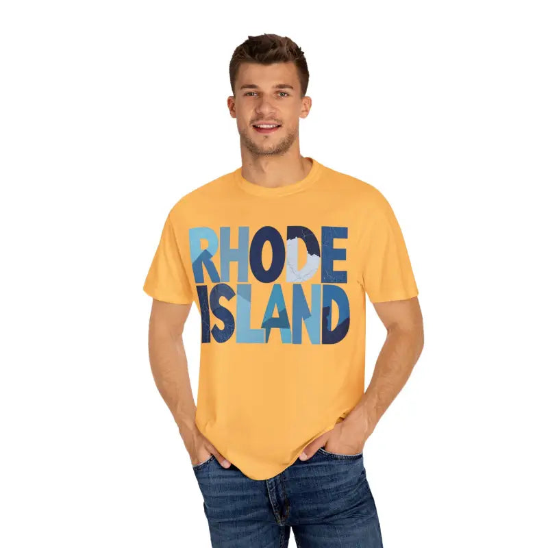 Yellow Rhode Island unisex garment dyed summer t-shirt displayed prominently