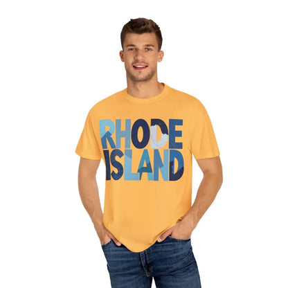 Yellow Rhode Island unisex garment dyed summer t-shirt displayed prominently