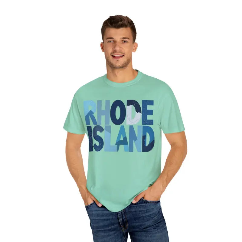 Man models a Rhode Island Unisex Garment Dyed Summer T Shirt in casual setting