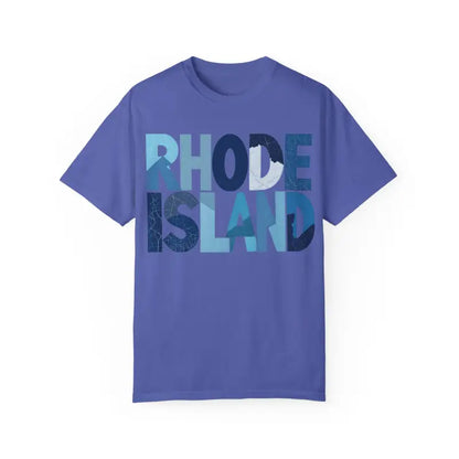 Blue Rhode Island unisex garment dyed summer t-shirt featured as a product image