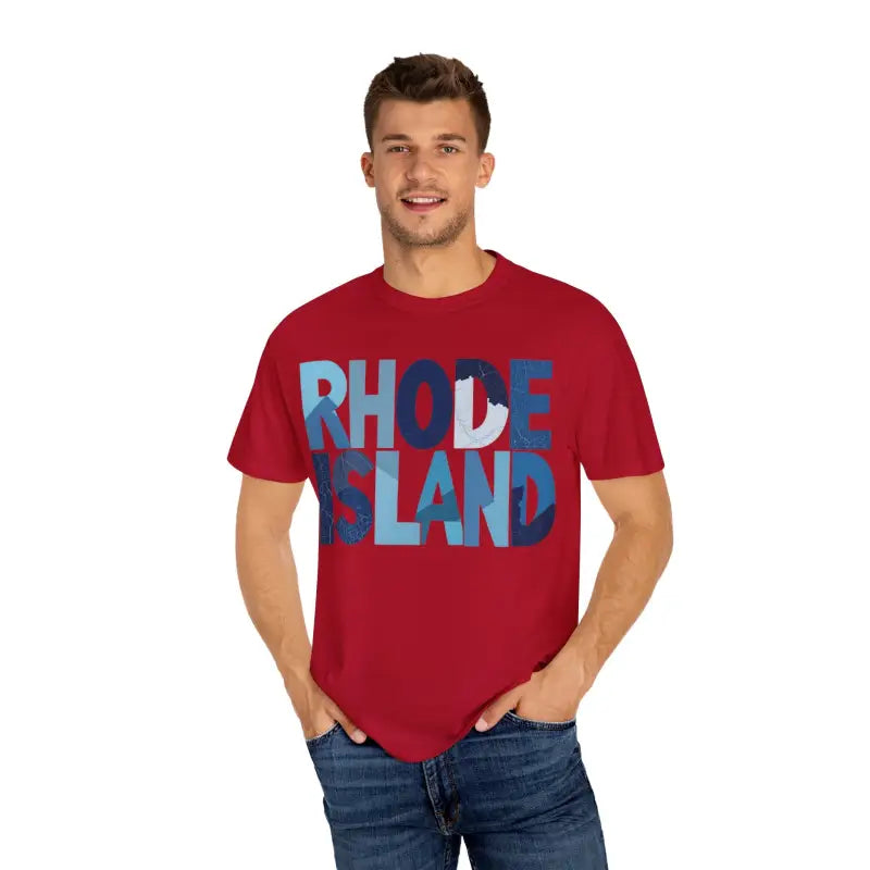 Red unisex garment dyed summer t-shirt featuring Rhode Island text design