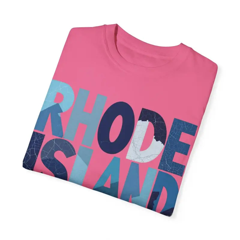 Folded pink Rhode Island Unisex Garment Dyed Summer T Shirt on a clean surface