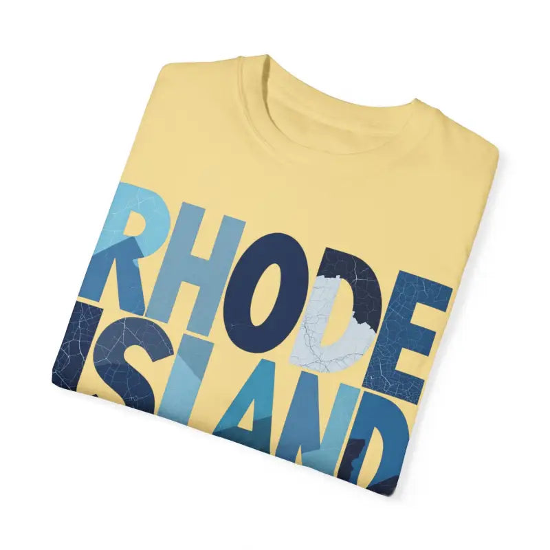 Folded Rhode Island Unisex Garment Dyed Summer T Shirt displayed for purchase