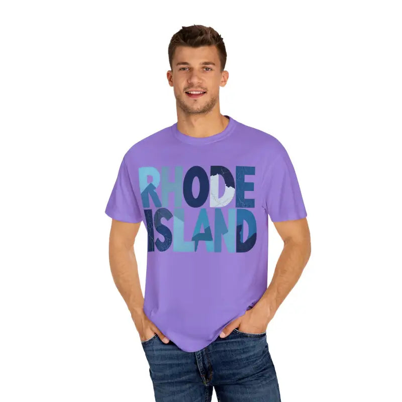 Purple Rhode Island Unisex Garment Dyed Summer T Shirt displayed on a flat surface