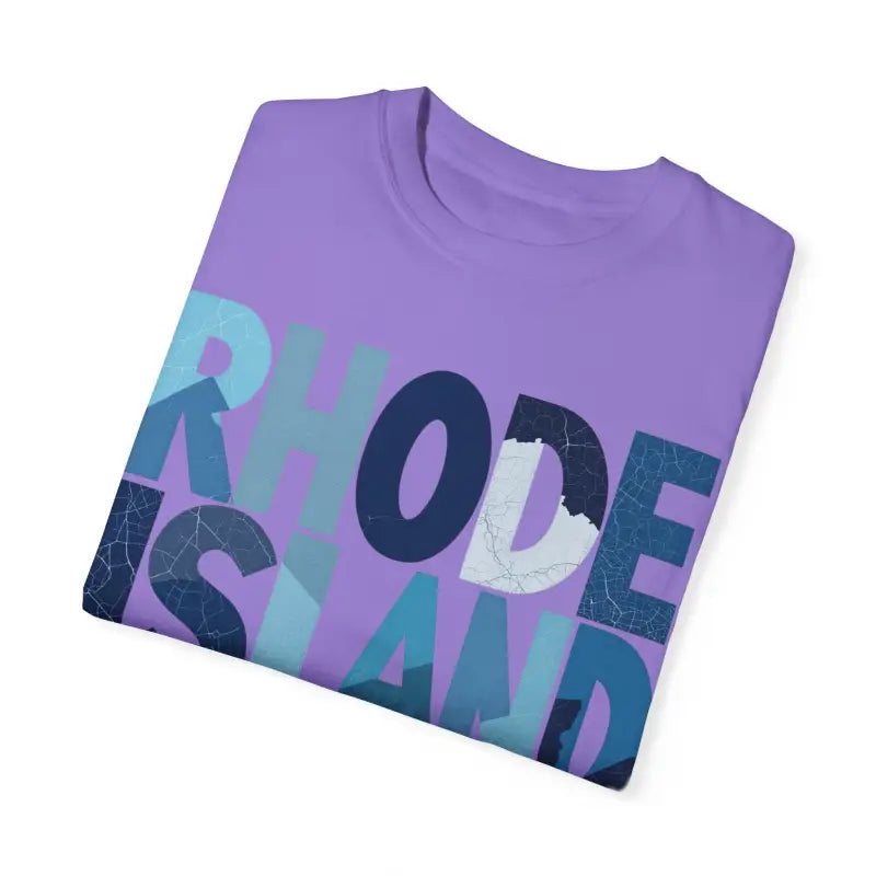 Folded purple Rhode Island Unisex Garment Dyed Summer T Shirt with text detail