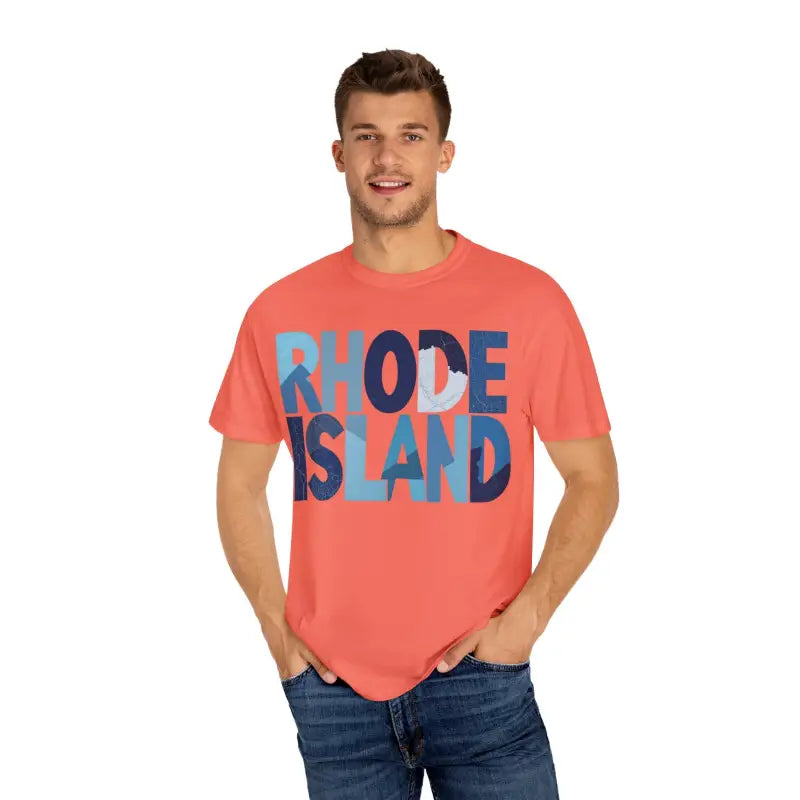 Man showcasing Rhode Island Unisex Garment Dyed Summer T Shirt in casual setting