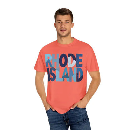 Man showcasing Rhode Island Unisex Garment Dyed Summer T Shirt in casual setting