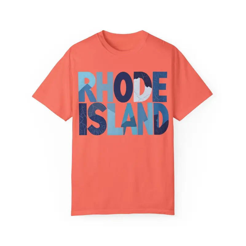 Salmon-colored Rhode Island unisex garment dyed summer t-shirt displayed