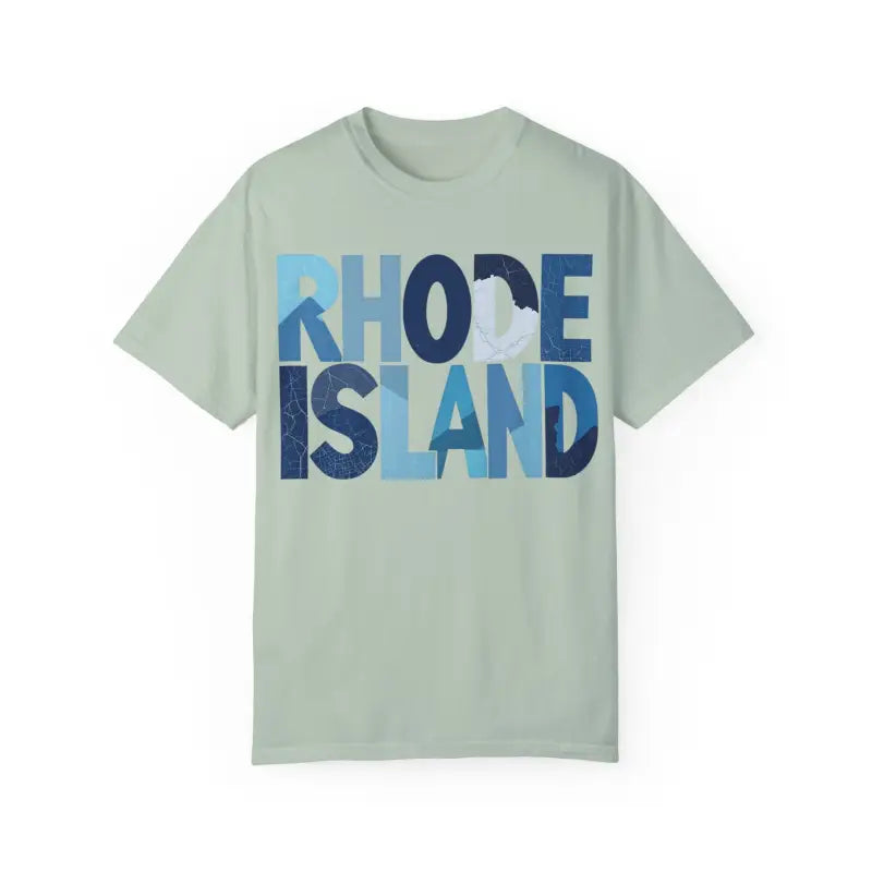 Light green Rhode Island unisex garment dyed summer t-shirt with text design