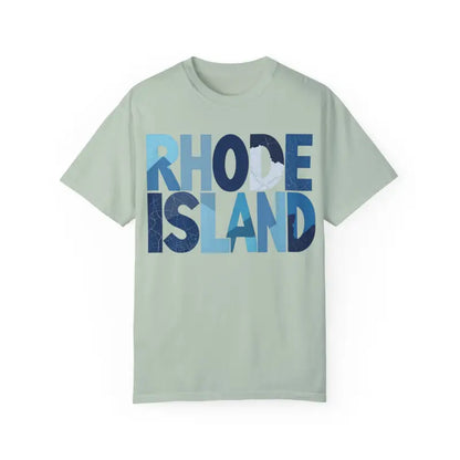Light green Rhode Island unisex garment dyed summer t-shirt with text design