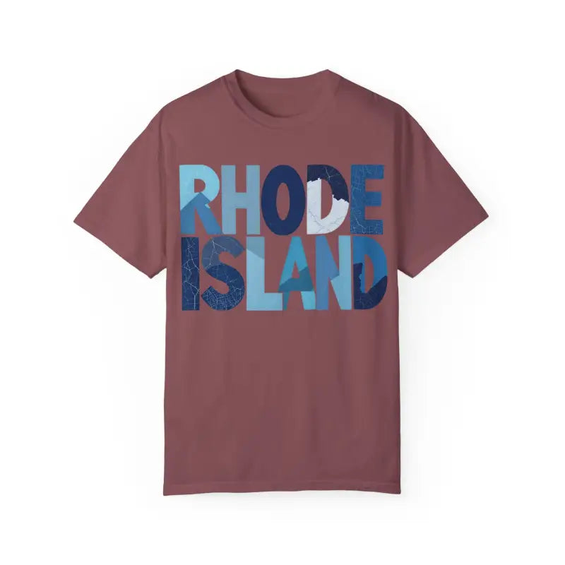 Maroon Rhode Island unisex garment dyed summer t-shirt displayed on a neutral background