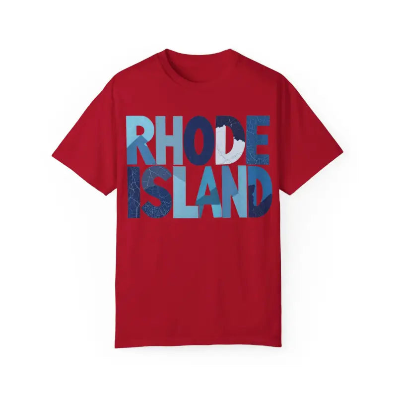 Red T-shirt featuring Rhode Island text for unisex summer fashion