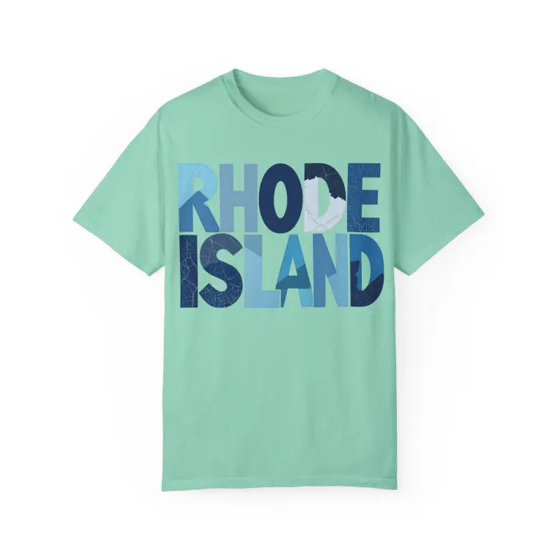 Mint green Rhode Island unisex garment dyed summer t-shirt with text design