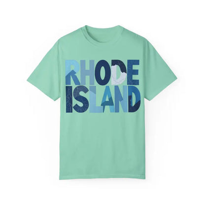 Mint green Rhode Island unisex garment dyed summer t-shirt with text design