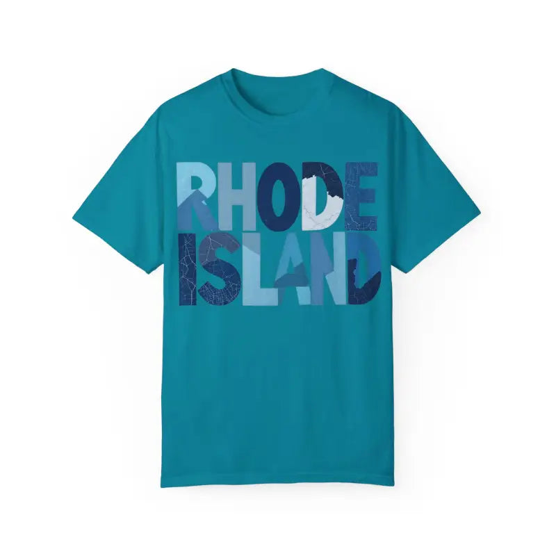 Teal Rhode Island Unisex Garment Dyed Summer T Shirt displayed on a neutral background