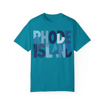 Teal Rhode Island Unisex Garment Dyed Summer T Shirt displayed on a neutral background