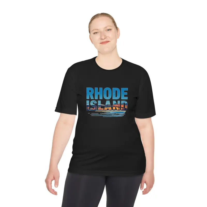 Black Rhode Island graphic t-shirt ideal for outdoor travel and moisture wicking