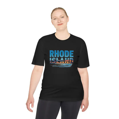 Black Rhode Island graphic t-shirt ideal for outdoor travel and moisture wicking