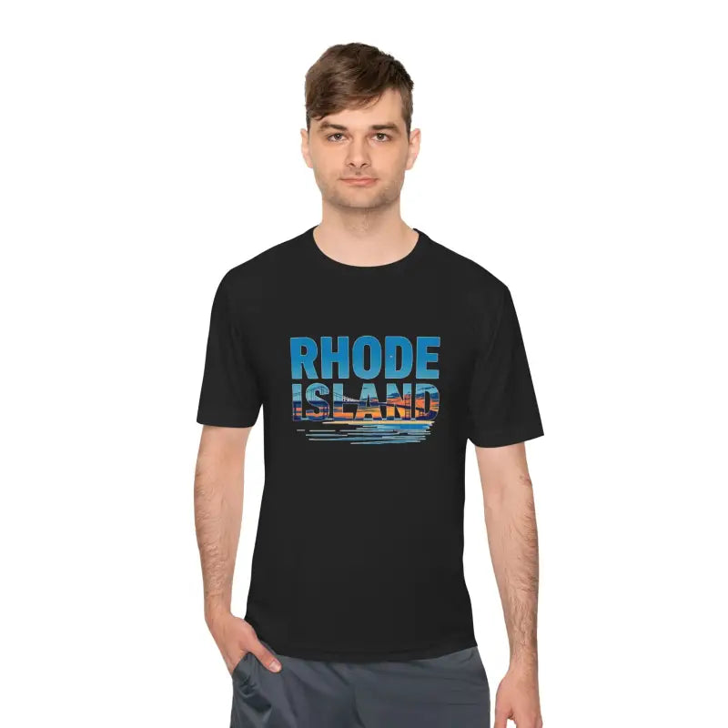 Black Rhode Island design t-shirt for outdoor travel and moisture wicking comfort