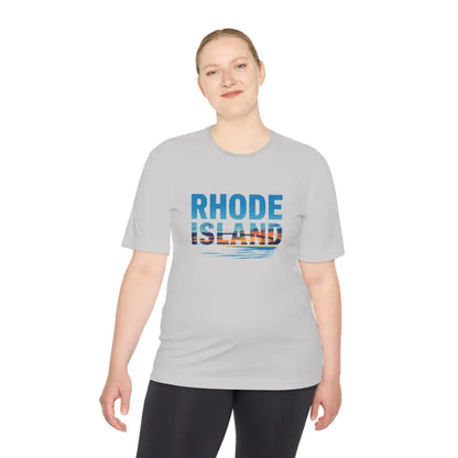 Gray Rhode Island T-shirt for outdoor travel, ideal for moisture-wicking comfort