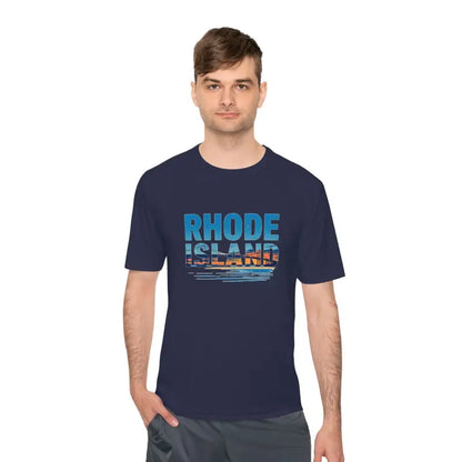 Navy blue Rhode Island unisex moisture-wicking t-shirt for outdoor travel