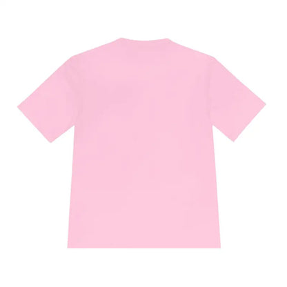 Pink Rhode Island Unisex Moisture Wicking T-Shirt for Outdoor Travel displayed elegantly
