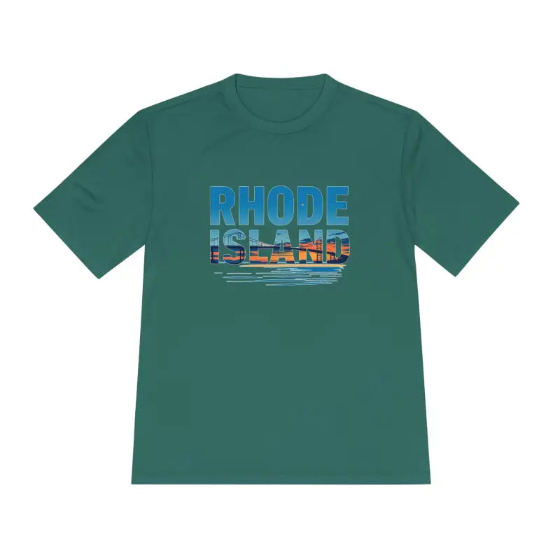 Green Rhode Island graphic t-shirt for outdoor travel, moisture-wicking design