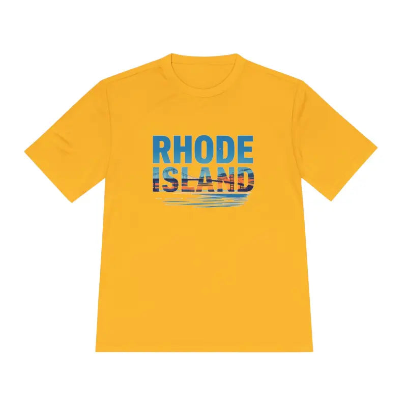 Yellow Rhode Island graphic t-shirt designed for outdoor travel and moisture-wicking comfort