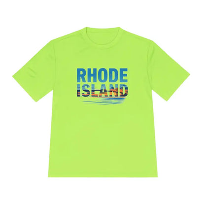Neon green Rhode Island unisex moisture-wicking t-shirt for outdoor travel