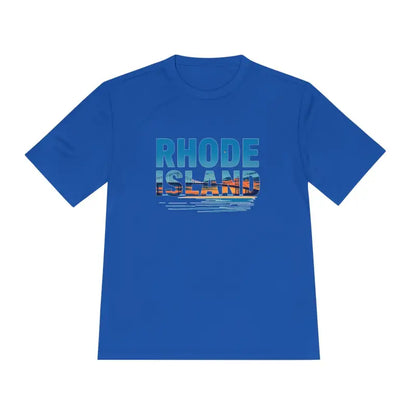 Blue Rhode Island graphic t-shirt for outdoor travel and moisture-wicking comfort